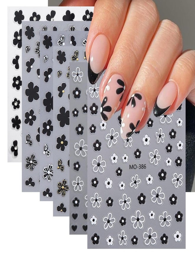 OSTTMA 6 Sheets Black White Flower Nail Art Stickers Decals, 3D Self-Adhesive Floral Nail Decorations, DIY Manicure Decor Accessories - Image 1